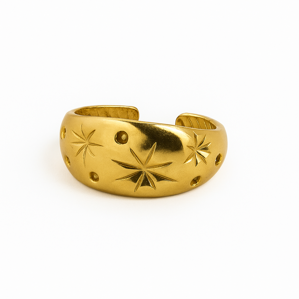 Gold ring with star designs. Beautiful, high-quality and great for everyday use. Waterproof ring.